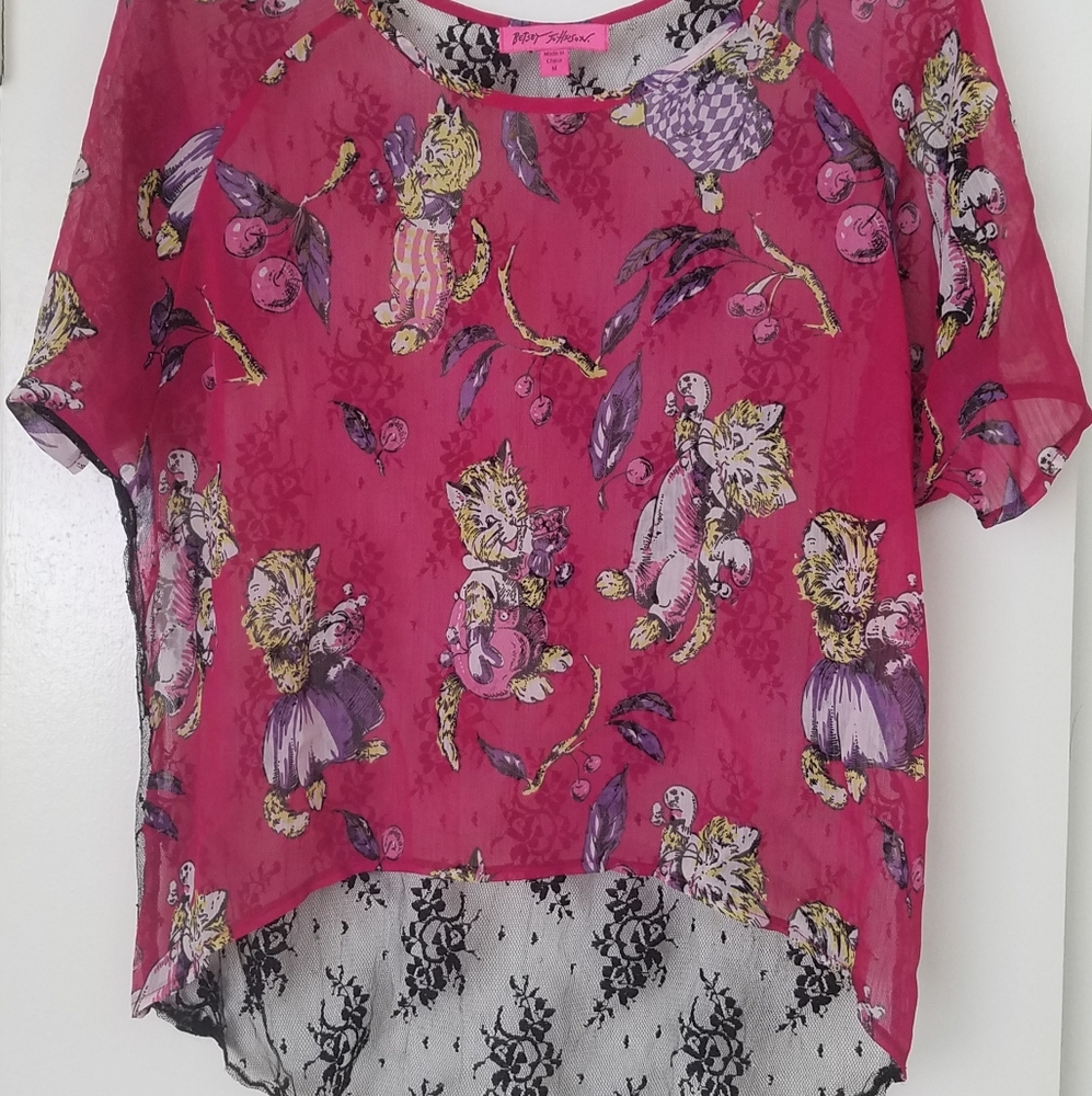Betsey Johnson Hi Low Lacy Top w/ Cats Size Medium